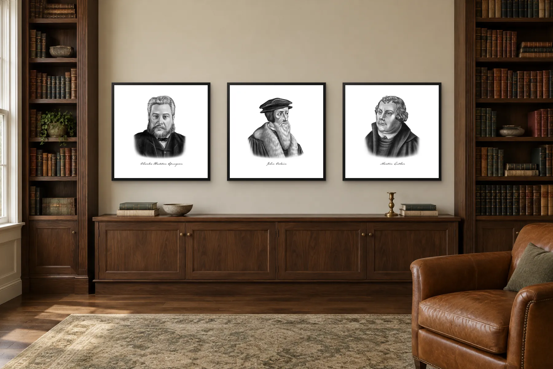 Portrait prints of Charles Spurgeon, John Calvin and Martin Luther framed on the wall of a walnut-shelved home study