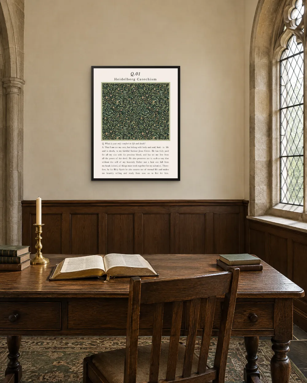Heidelberg Catechism art print hanging in a wood-panelled church foyer