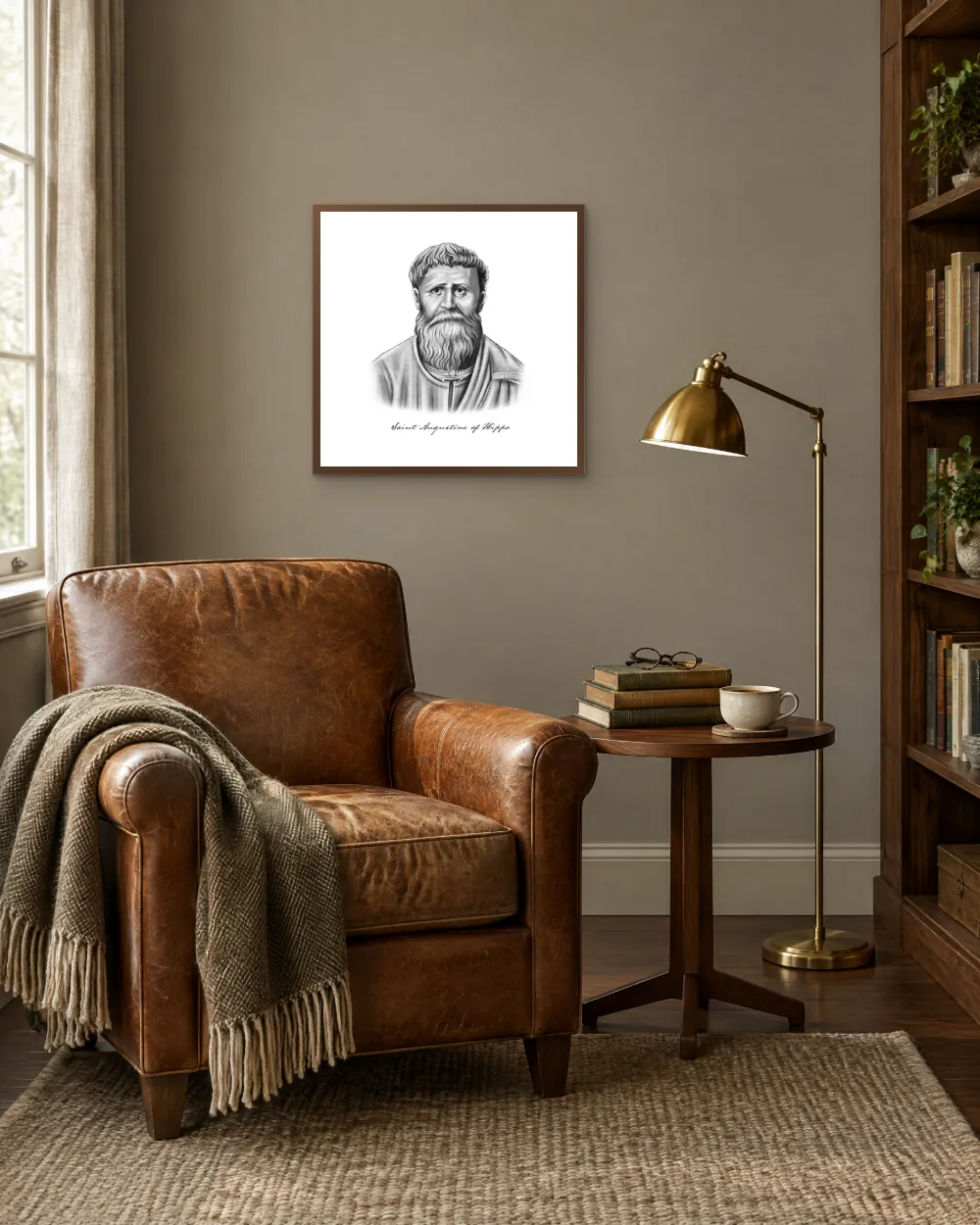 Saint Augustine portrait print above a reading chair in a quiet study