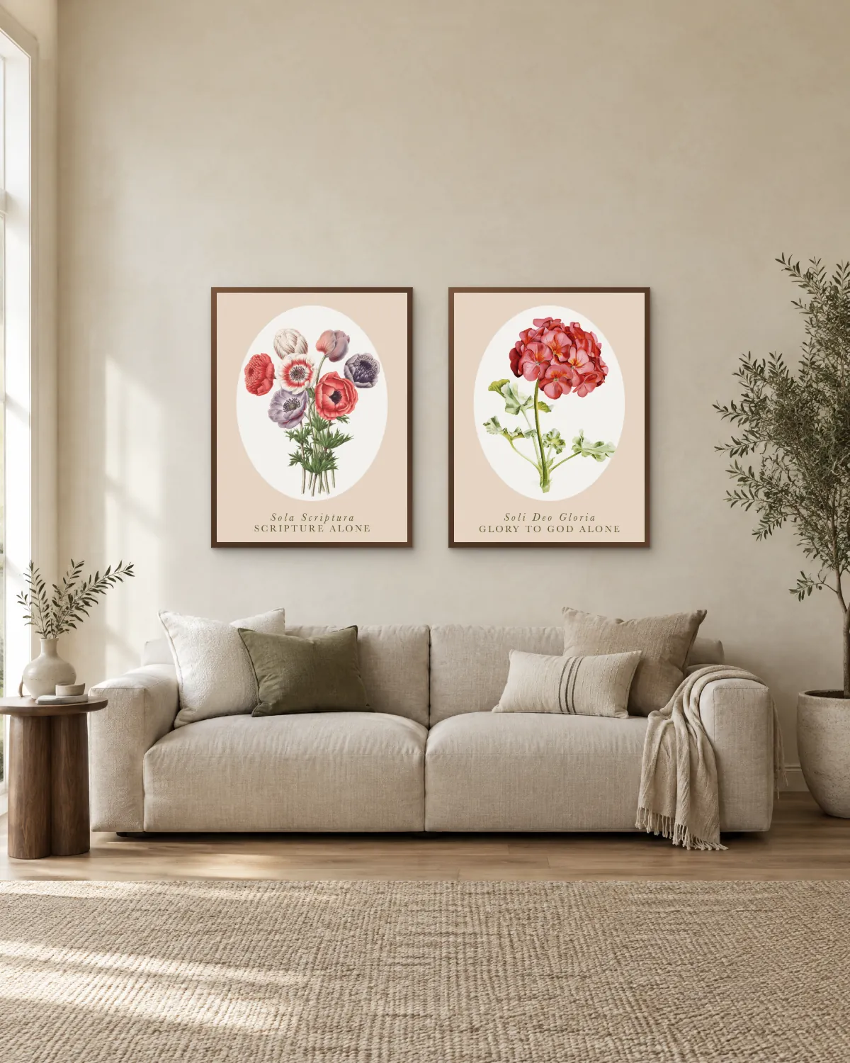Sola Scriptura and Soli Deo Gloria floral art prints framed above a linen sofa in a warm living room