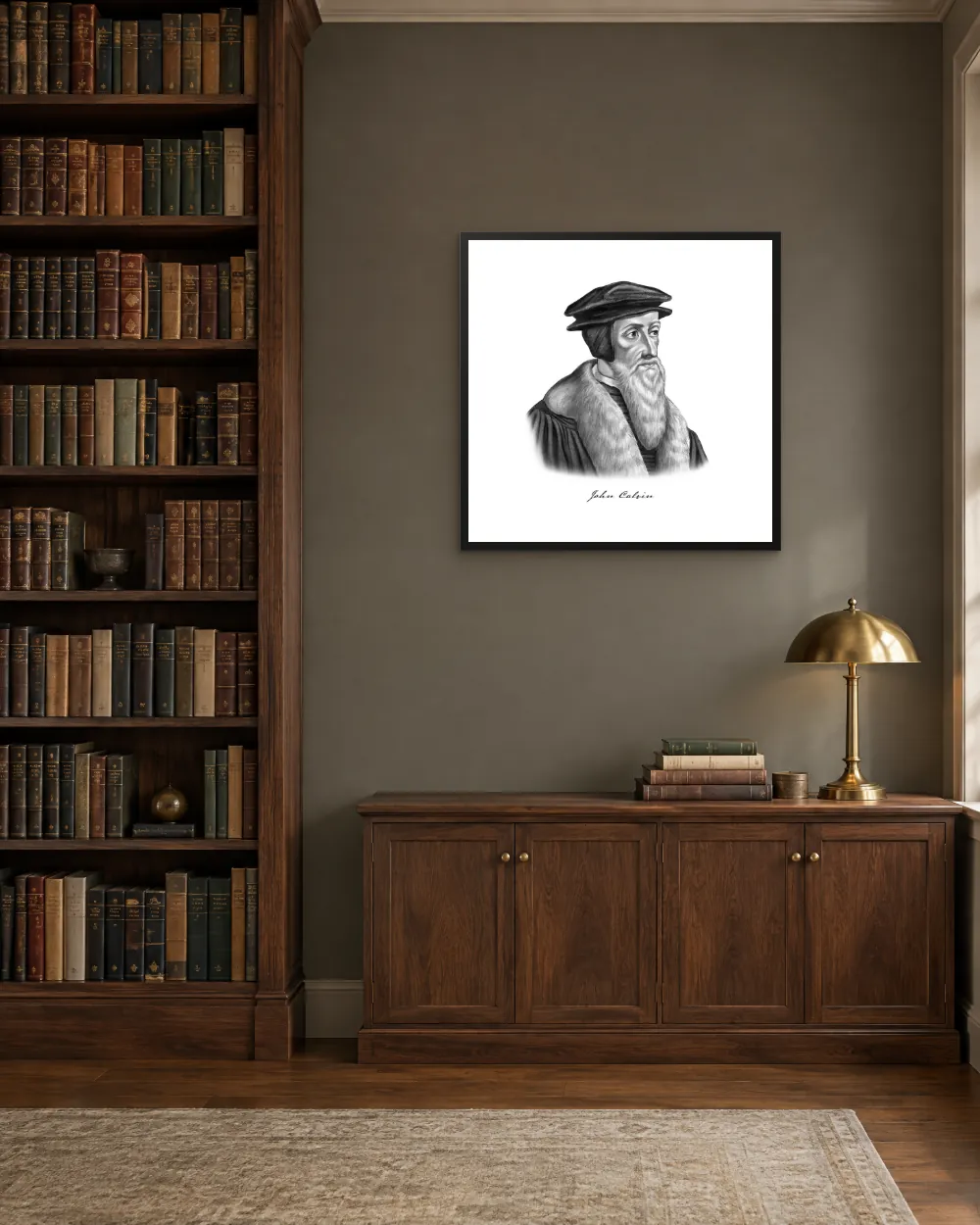 John Calvin portrait print framed beside a library bookshelf
